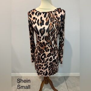 SHEIN Brown and Black Animal Print Long Sleeve Dress